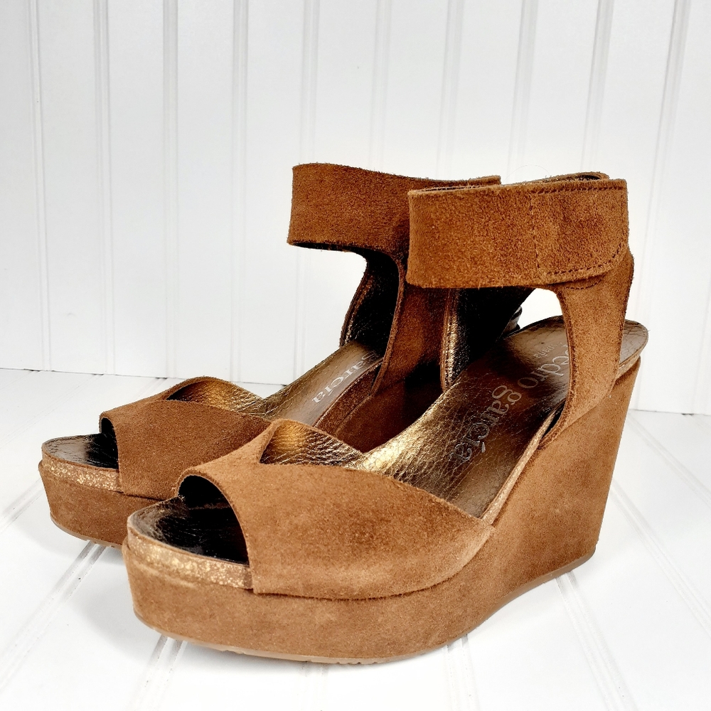 Pedro Garcia Brown Suede Open Toe High Wedge Ankle Strap Sandals
